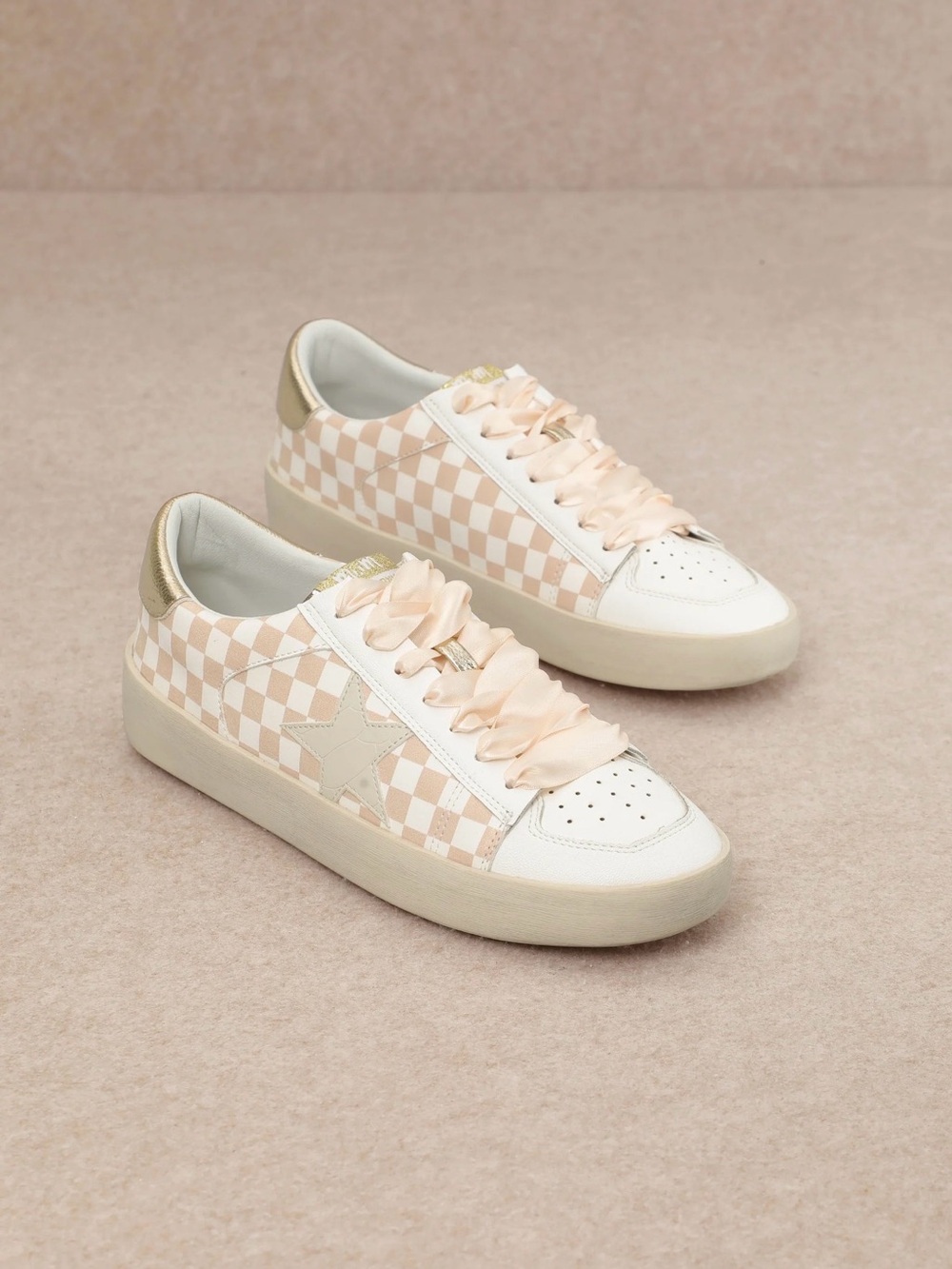 Checkered Beige Low-Top Sneakers with Satin Laces